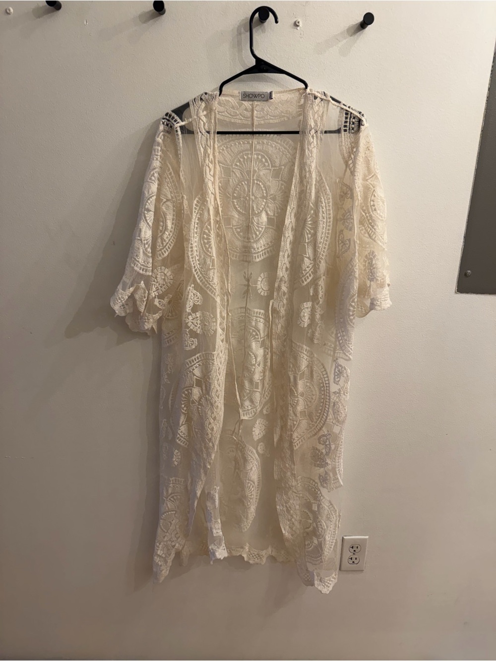 Showpo Sheer Lace Kimono Coverup in Cream